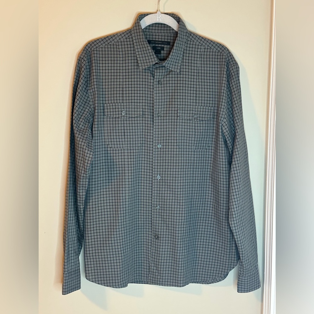John Varvatos Mens button down checker Gray shirt. size L. Excellent cond.
